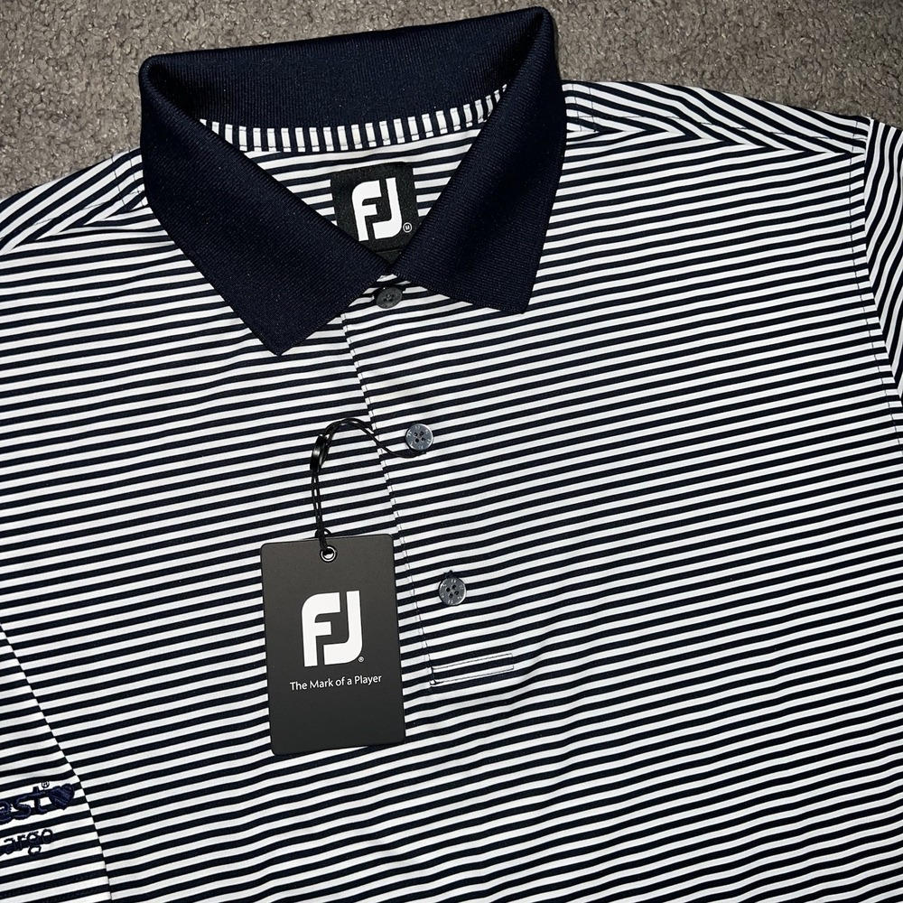 NWT Footjoy Prodry Lisle Performance Golf Polo Navy White Stripe Mens Medium